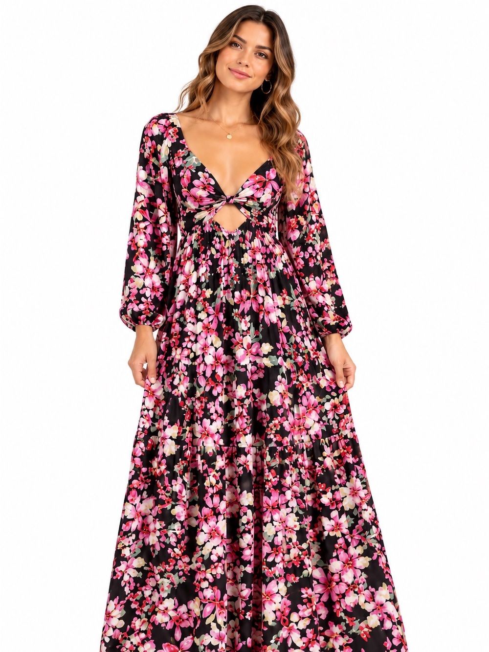 Roxy On Holiday Maxi Dress Black Pink Floral Twist Front Cutout NWT